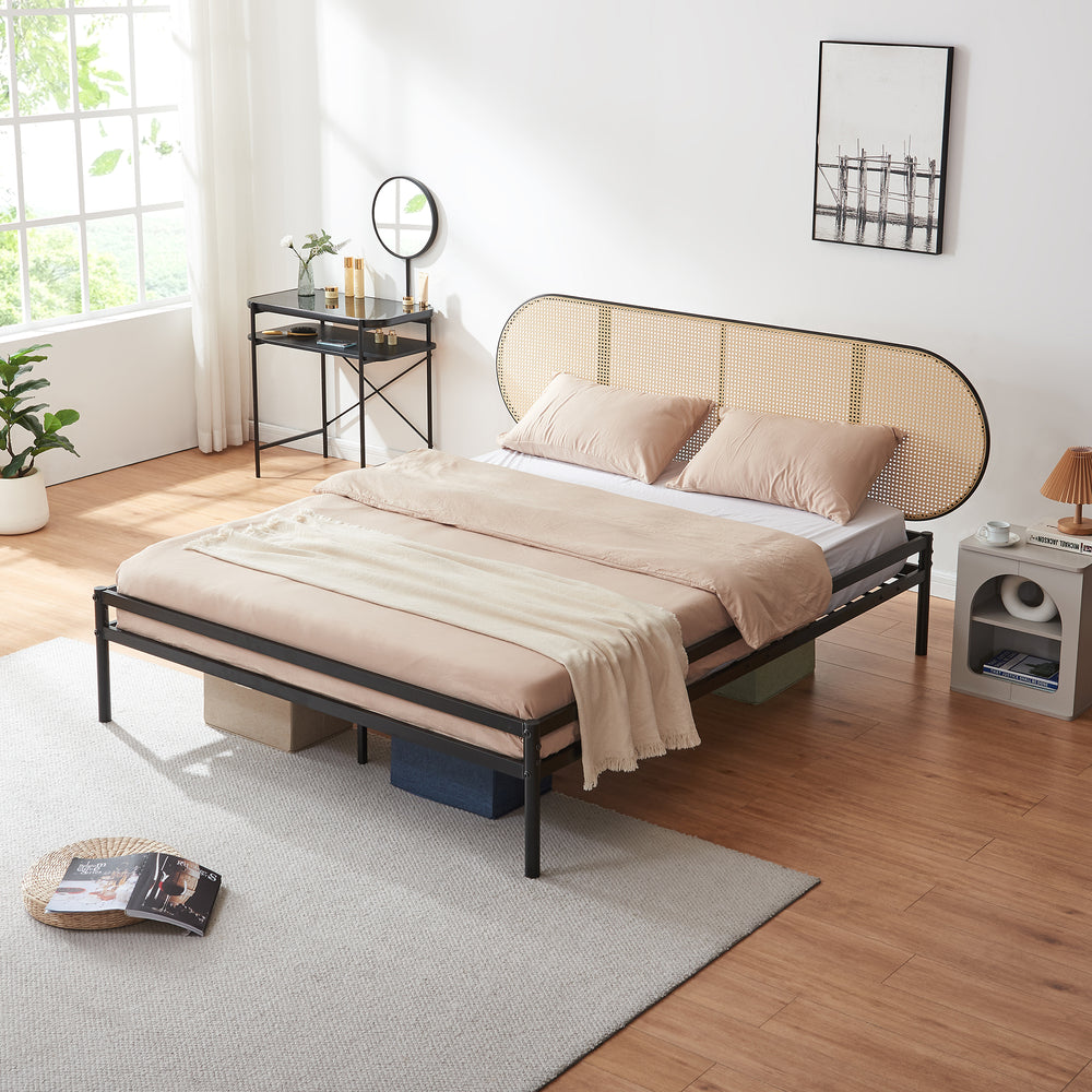 Cama de metal Linköping con cabecero ovalado y colchón [en.casa]