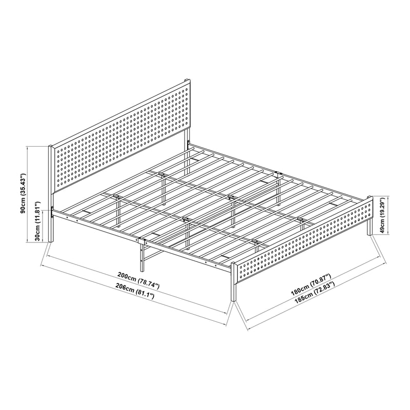 Esquema acotado Cama de metal Linköping con cabecero rectangular y colchón [en.casa]