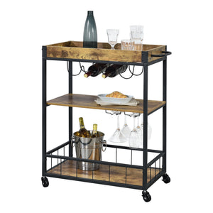 Carrito de servicio Thalwil 89,5 x 67 x 40 cm Carrito con ruedas con soporte para botellas Negro/Color madera en.casa