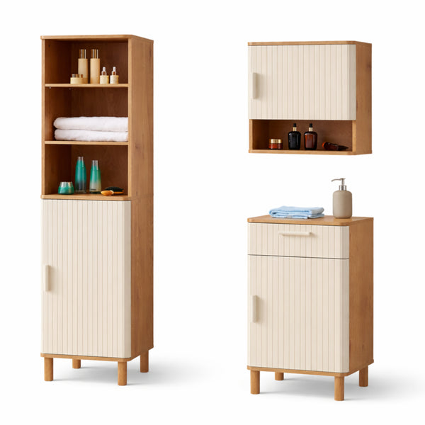 Conjunto de muebles de baño Ferrersp en aspecto roble/color arena [en.casa]