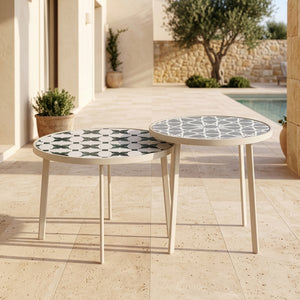 Mesa de exterior Faeto 2 piezas. Tapa de vidrio Champagne [casa.pro]
