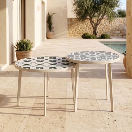 Mesa de exterior Faeto 2 piezas. Tapa de vidrio Champagne [casa.pro]