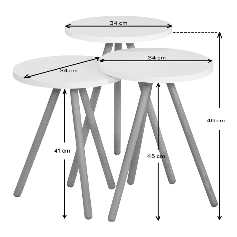 Esquema acotado Mesa auxiliar Hjørring en juego de 3 piezas Redonda 49 x Ø34 cm varios colores [en.casa]