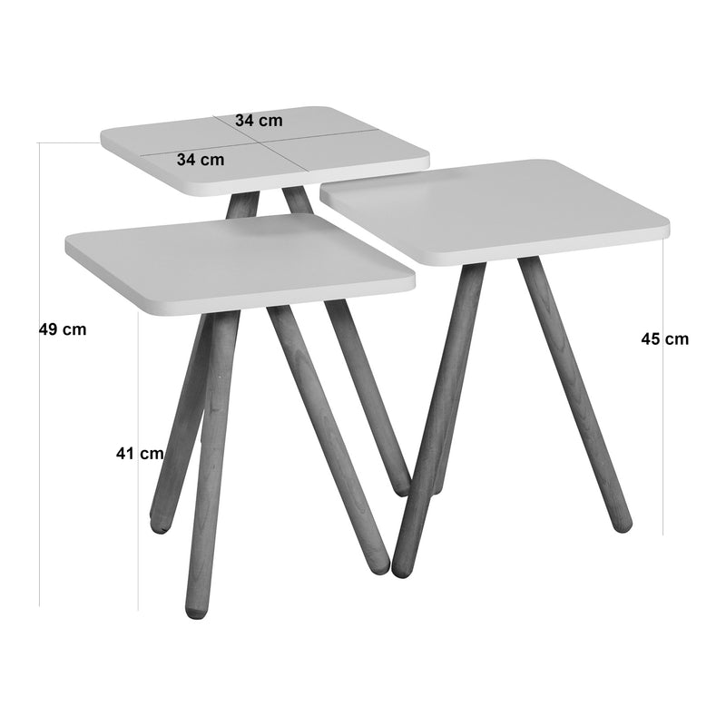 Esquema acotado Mesa auxiliar Hobro en juego de 3 piezas Cuadrada 49x34x34 cm [en.casa]