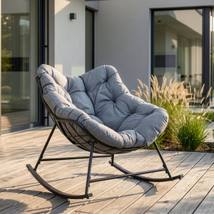 Sillón mecedora de mimbre Villeneuve 85x90x91 cm Negro/Gris [en.casa]