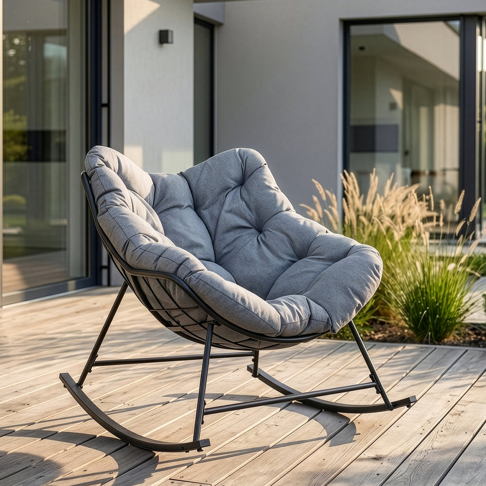Sillón mecedora de mimbre Villeneuve 85x90x91 cm Negro/Gris [en.casa]