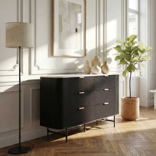 Cómoda Olvehok 120x40x81 cm Negro/efecto mármol, blanco [en.casa]