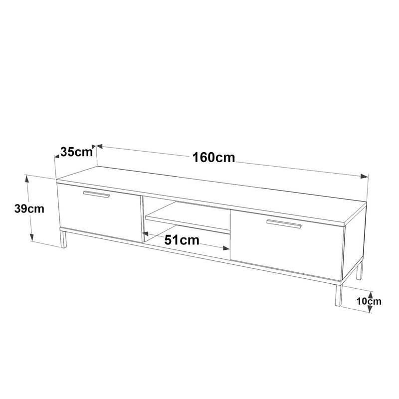 Esquema acotado Mesa de televisión Lempäälä con 2 compartimentos de almacenamiento 160 x 35 x 39 cm en varios colores [en.casa]