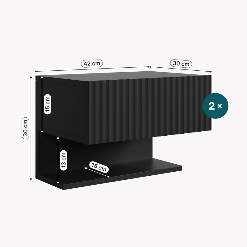 Esquema acotado Juego de 2 mesitas de noche flotantes Nand 1 cajón [en.casa]