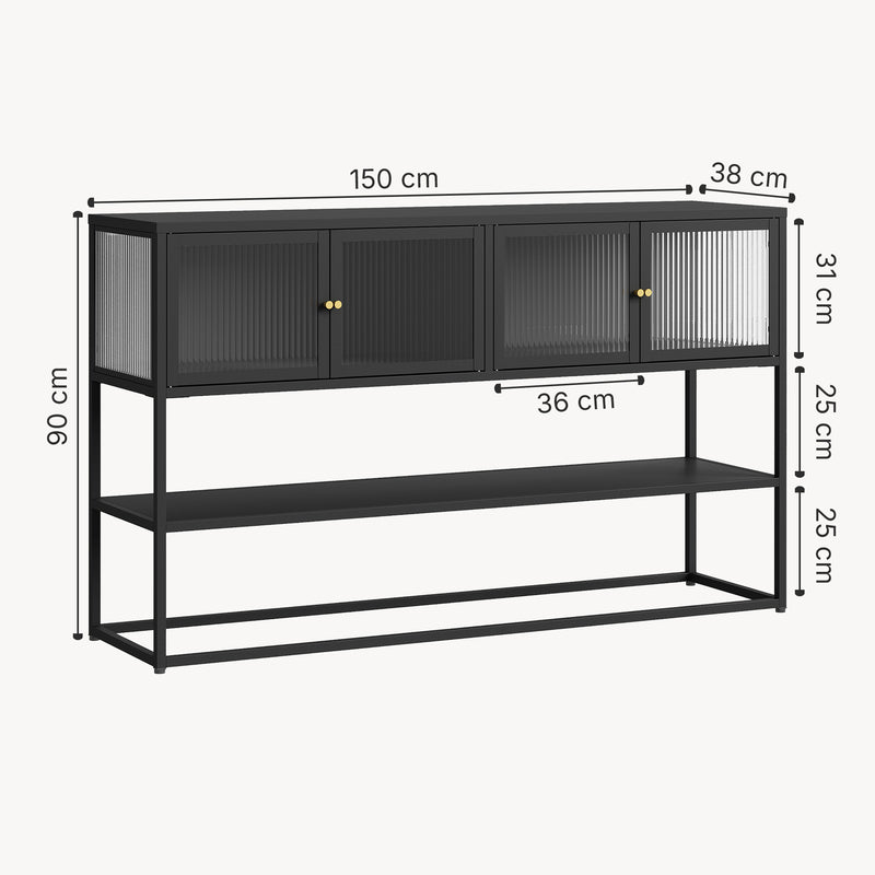 Esquema acotado Aparador Säkylä con 4 puertas de vidrio 150x38x90 cm acero [en.casa]