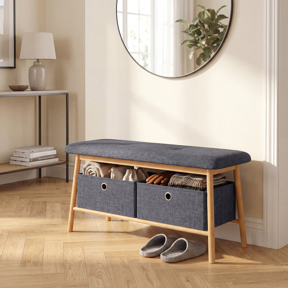 Banco zapatero Vad 2 cajas 90x30x45cm Bambú/Gris [en.casa]