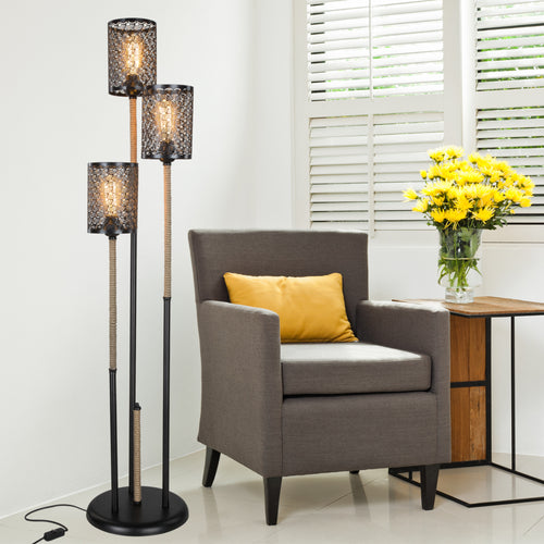 Lámpara de pie Exeter 3xE27 Metal Cuerda de yute Negro / Color yute [lux.pro]