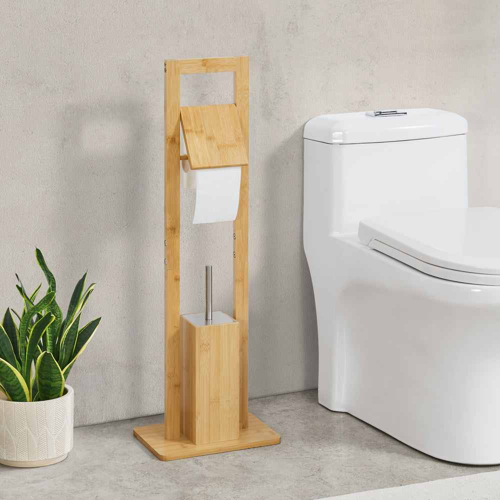 Juego de baño Västerås soporte para papel higiénico con escobilla de baño bambú [en.casa] - premiumXL