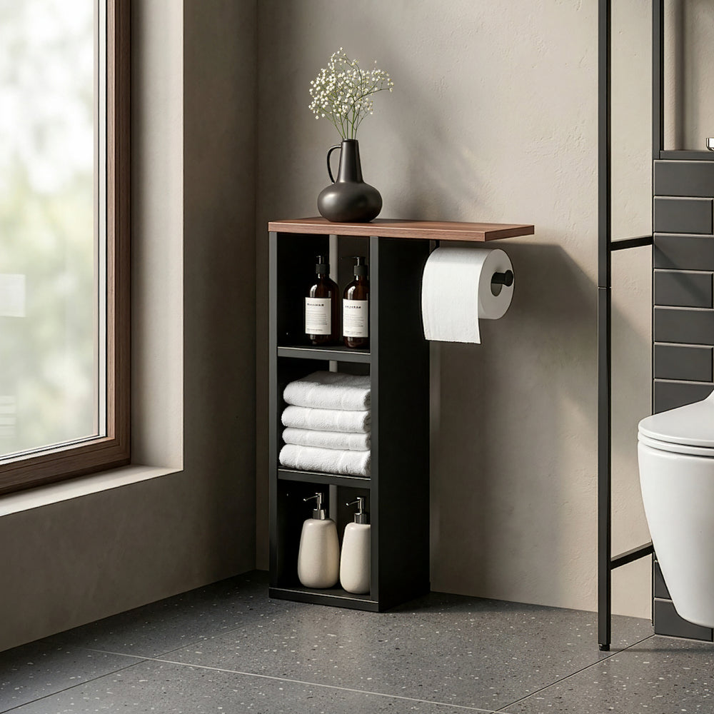 Portarrollos papel higiénico Trond 3 compartimentos 60x40x16cm - Negro/Nogal [en.casa]