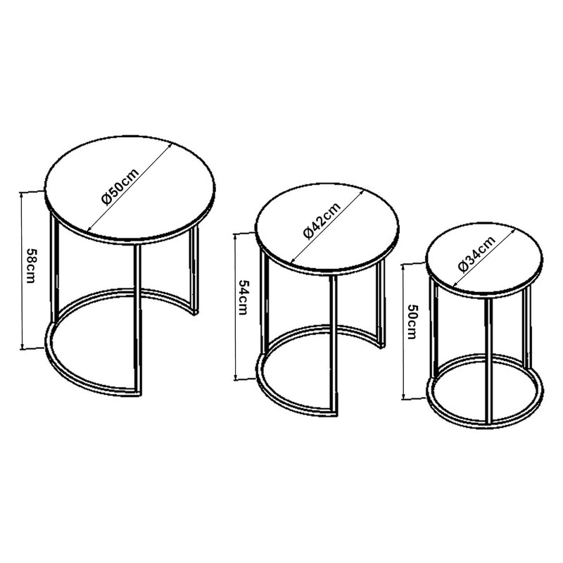 Esquema acotado Mesa de centro Kyyjärvi en juego de 3 piezas, varios colores [en.casa]