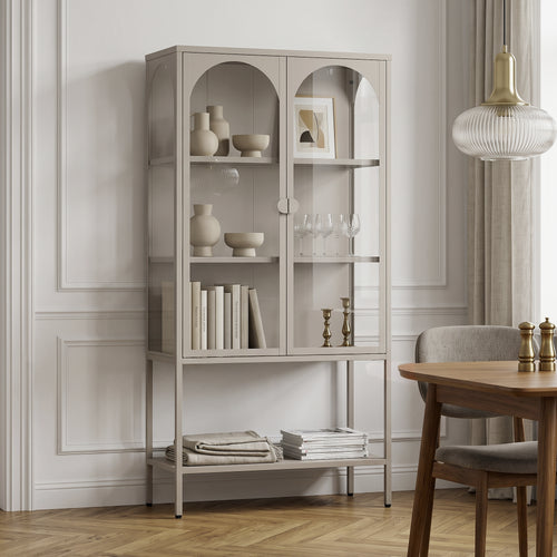 Vitrina Klippestad con 2 puertas arqueadas acero 160x80x35cm Gris cálido [en.casa]