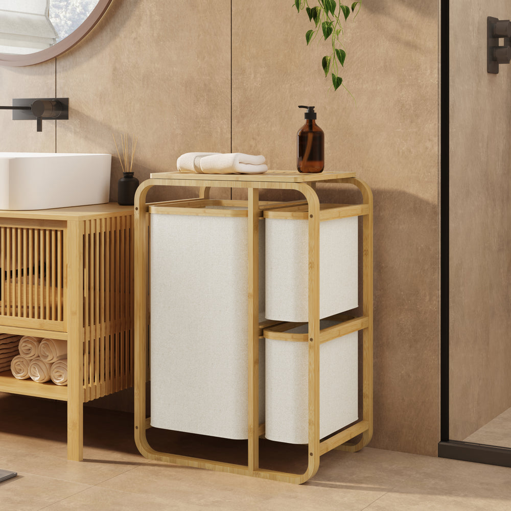 Clasificador de ropa Evenes con 3 bolsas/ 38 L + 12 L bambú/poliéster 71 x 50 x 33 cm - En diferentes colores [en.casa]