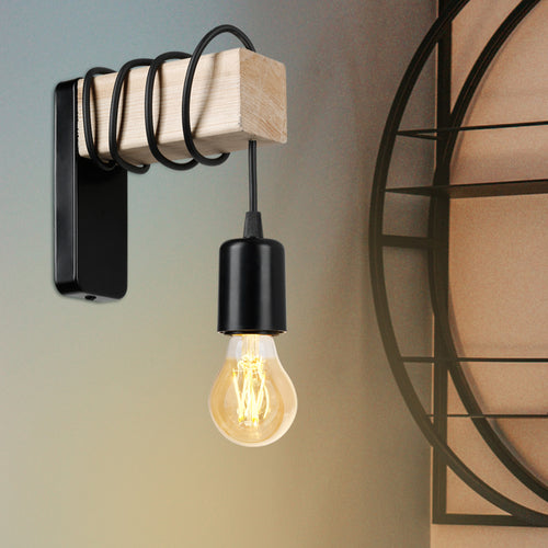 Lámpara de pared Chelmsford E27 Metal Madera maciza Negro / Aspecto madera [lux.pro]