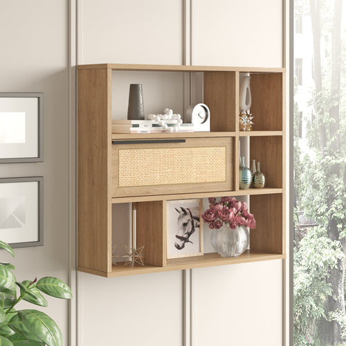 Estantería de pared Kvænangen 90x22x81cm Roble/Aspecto ratán [en.casa]