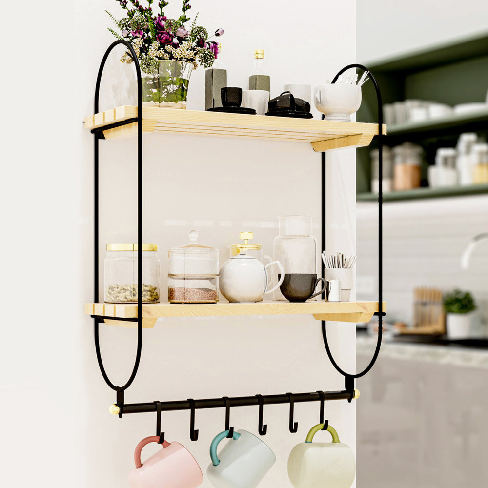 Estante de pared Pielavesi con 6 ganchos negro/natural [en.casa] - premiumXL