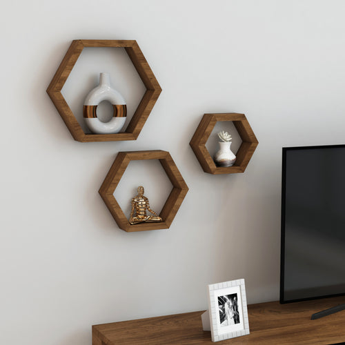 Conjunto de estanterías de pared Stubbekøbing de 3 piezas Madera de pino Tono oscuro de madera [en.casa]