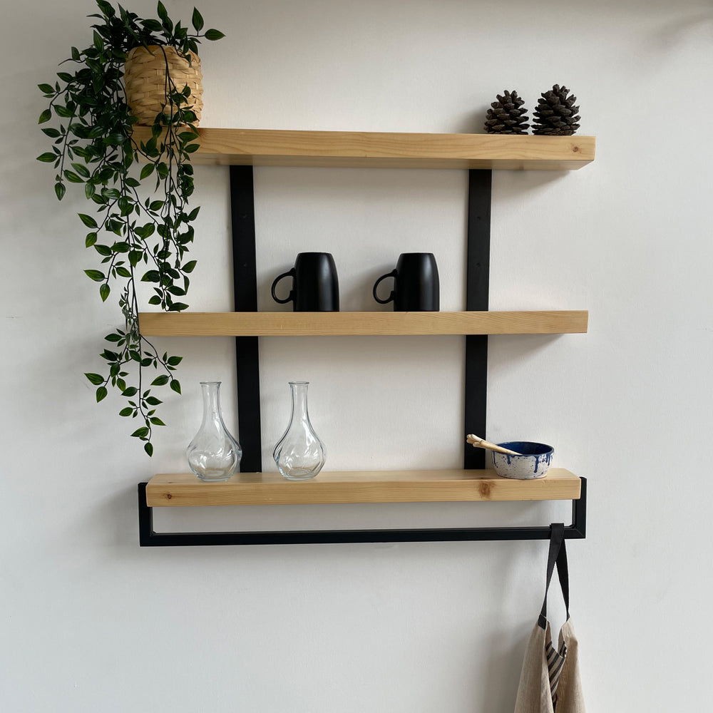 Estantería de pared Nykøbing con 3 estantes Naturaleza/Negro [en.casa]