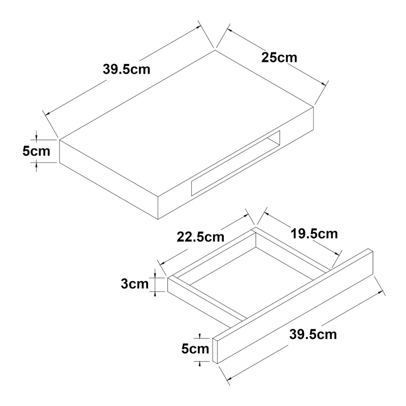 Esquema acotado Estantería de pared Hyvinkää con cajón [en.casa]