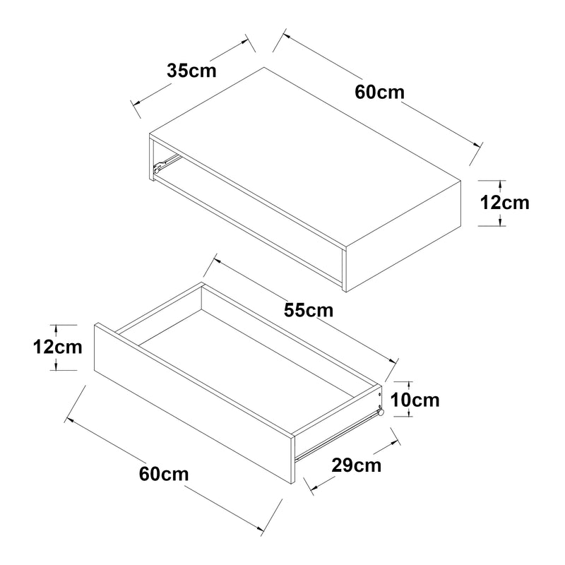Esquema acotado Estantería de pared Kärsämäki con cajón [en.casa]