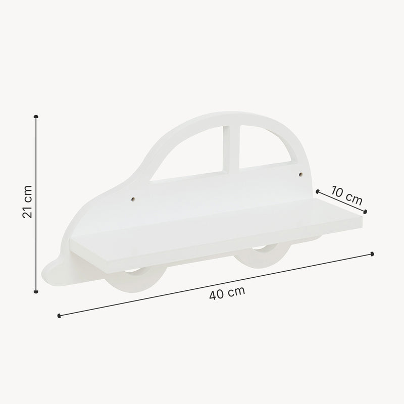 Esquema acotado Estante flotante infantil Skanderborg en forma de nube/conejo/tiburón/coche/cohete MDF blanco [en.casa]