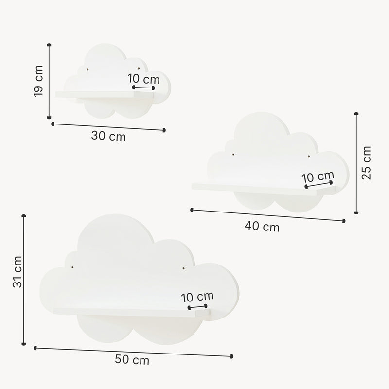 Esquema acotado Estante flotante infantil Skanderborg en forma de nube/conejo/tiburón/coche/cohete MDF blanco [en.casa]