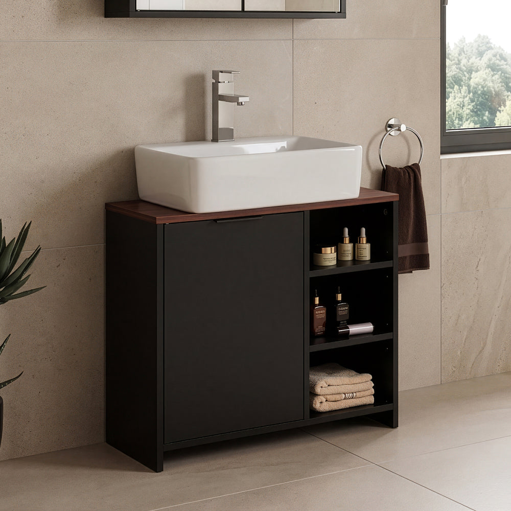 Mueble bajo lavabo Trond con puerta 60x66x30cm - Negro/Nogal [en.casa]