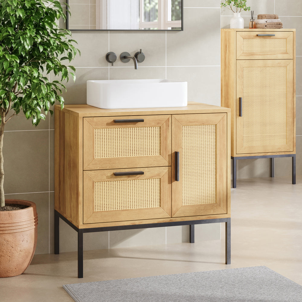 Mueble bajo lavabo Marhasa 2 puertas 1 cajón ratán 60x60x40cm Roble [en.casa]