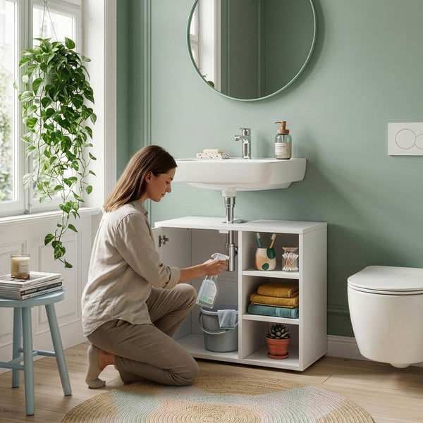Mueble bajo lavabo Kulaik 1 puerta 3 estantes 51x60x32cm - Blanco [en.casa]