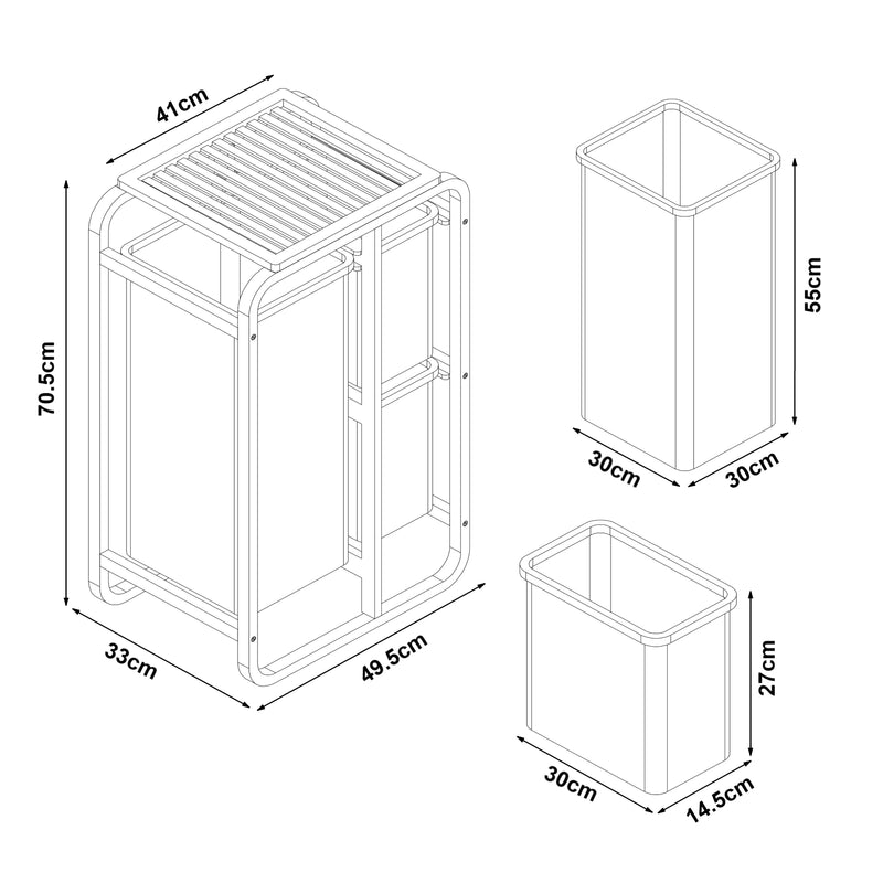 Esquema acotado Clasificador de ropa Evenes con 3 bolsas/ 38 L + 12 L bambú/poliéster 71 x 50 x 33 cm - En diferentes colores [en.casa]