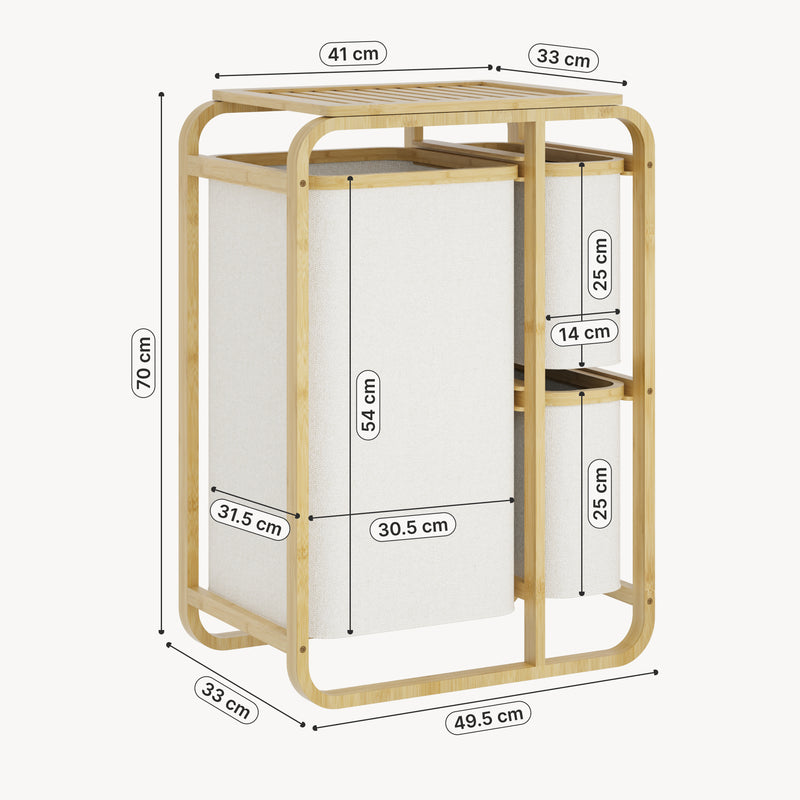 Esquema acotado Clasificador de ropa Evenes con 3 bolsas/ 38 L + 12 L bambú/poliéster 71 x 50 x 33 cm - En diferentes colores [en.casa]