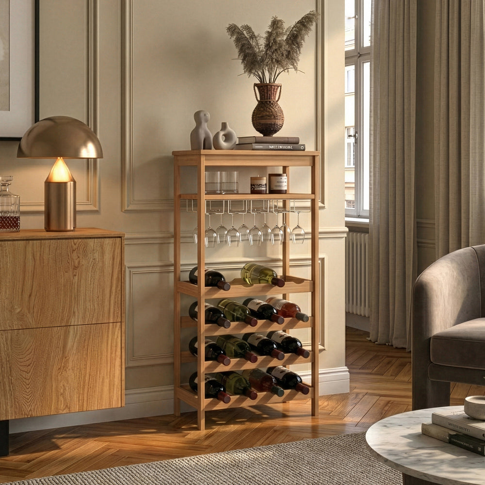 Estantería de vino Fillby con portavasos bambú 100x47x29cm - Natural [en.casa]