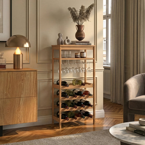 Estantería de vino Fillby con portavasos bambú 100x47x29cm - Natural [en.casa]