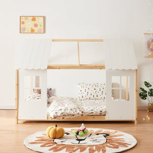 Cama para niños Tostedt en forma de casa con ventanas pino En diferentes medidas - Blanco [en.casa]