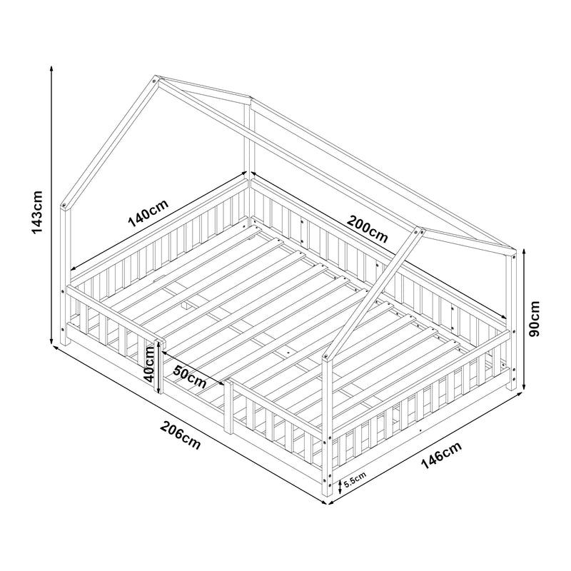 Esquema acotado Cama para niños Sisimiut forma de casa pino + colchón [en.casa][neu.haus]