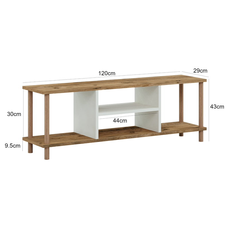 Esquema acotado Mesa de televisión Ærøskøbing con 2 compartimentos de almacenamiento 43x120x29 cm varios colores [en.casa]