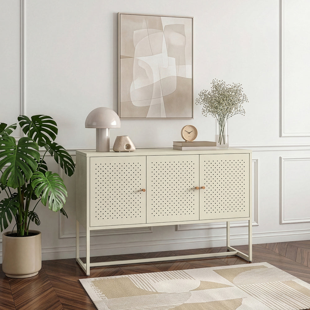 Aparador Viitasaari con 3 puertas acero 120x40x80cm - Blanco crema [en.casa]