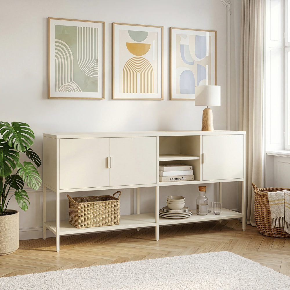 Aparador Kliri con 6 compartimentos acero 160x40x80cm - Blanco crema [en.casa]