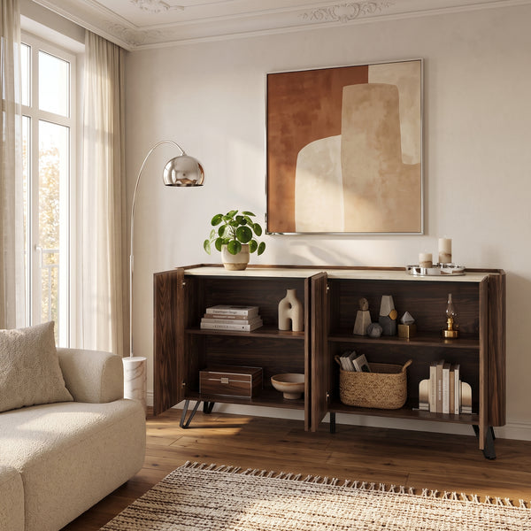 Aparador Trorlon con 4 puertas 160x40x83 cm Nogal/Travertino [en.casa]