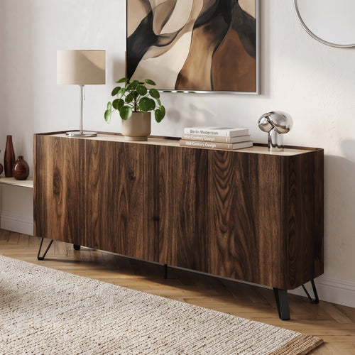 Aparador Trorlon con 4 puertas 160x40x83 cm Nogal/Travertino [en.casa]