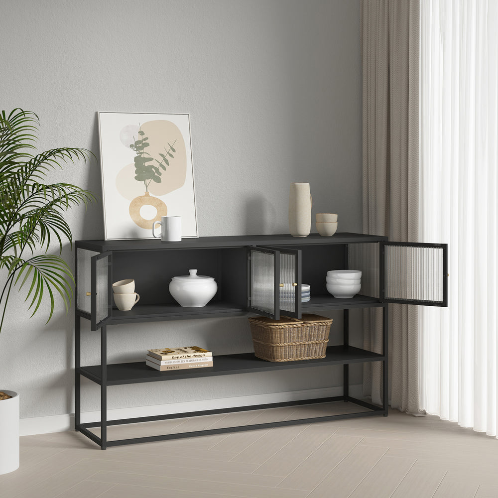 Aparador Säkylä con 4 puertas de vidrio 150x38x90 cm acero [en.casa]