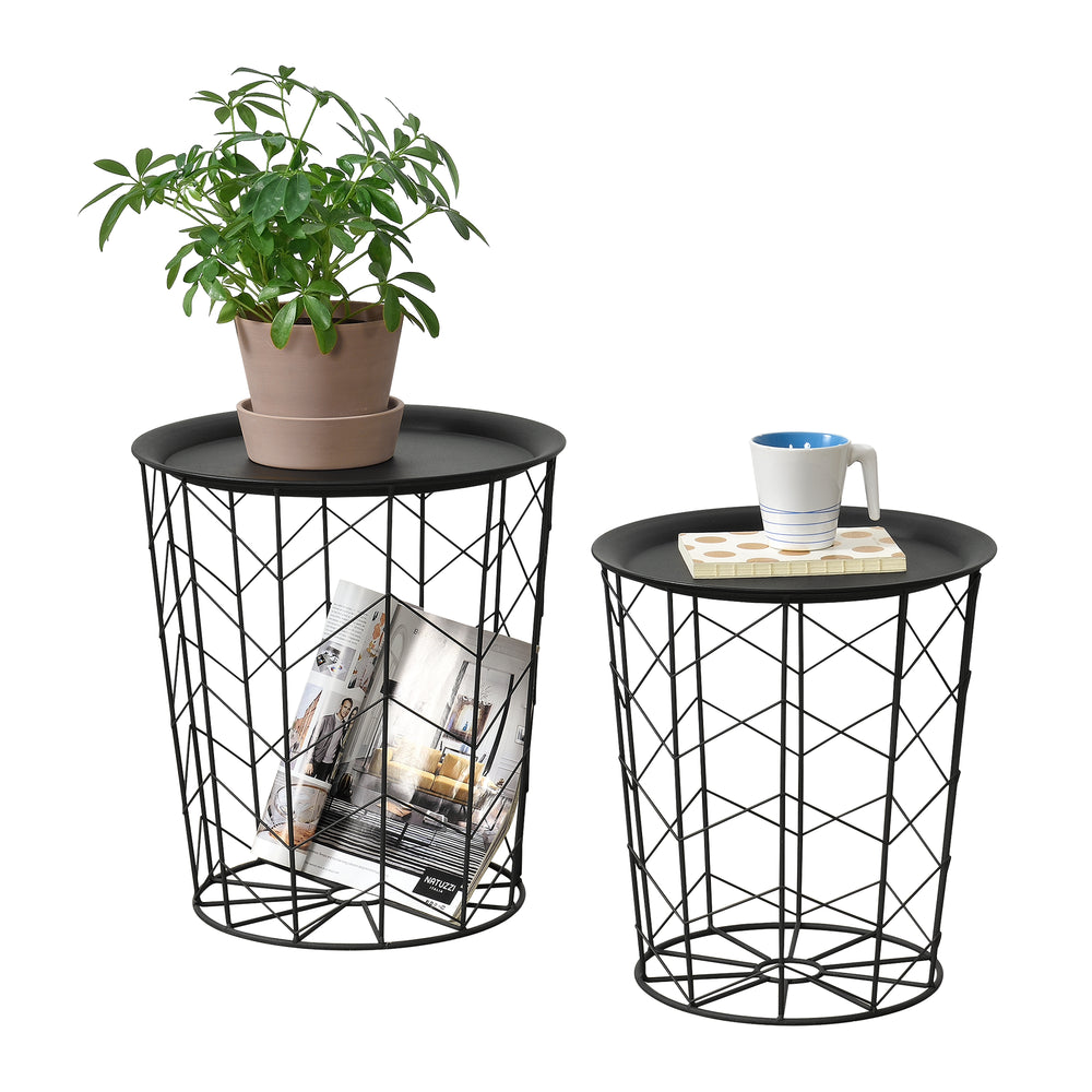Set de 2 mesas auxiliares con cesta de metal Cerisey negro en.casa